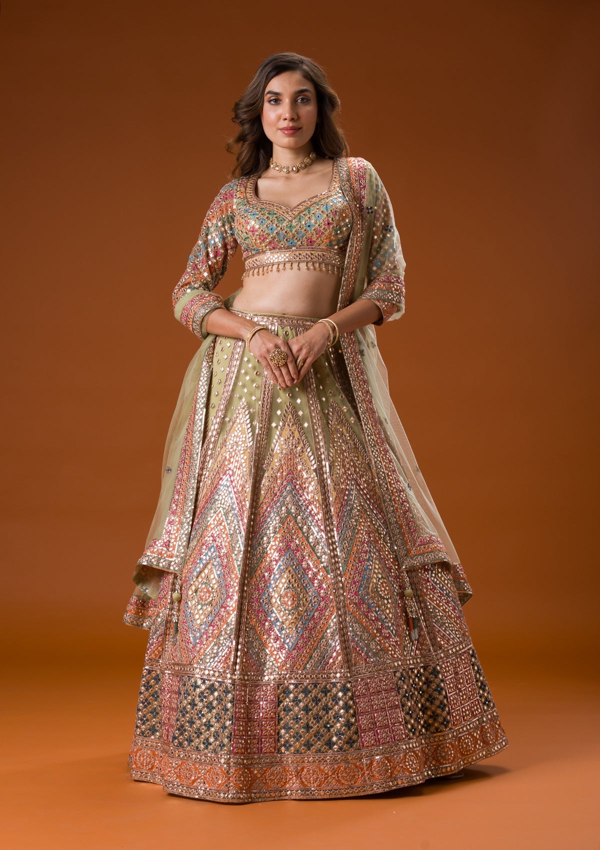 Pista Green Gotapatti Net Readymade Lehenga-Koskii