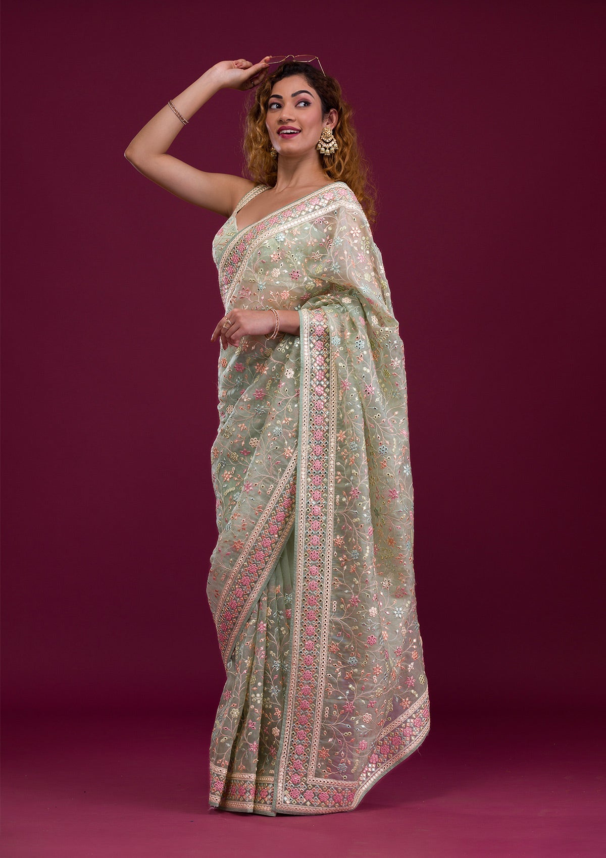 Pista Green Gotapatti Shimmer Georgette Saree-Koskii