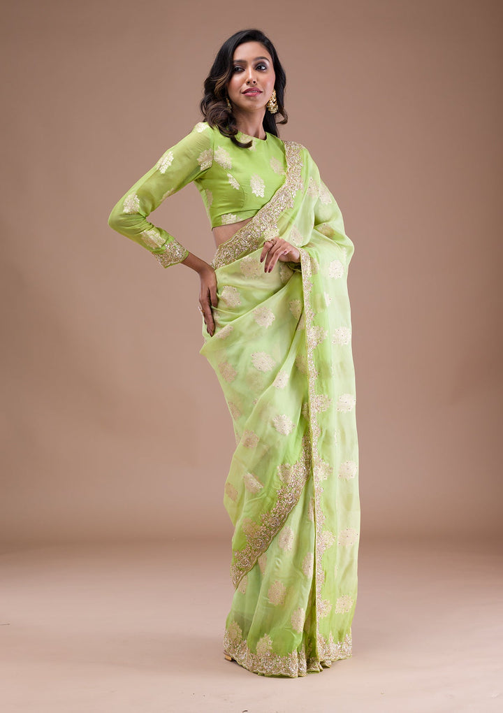 Pista Green Gotapatti Tissue Saree-Koskii