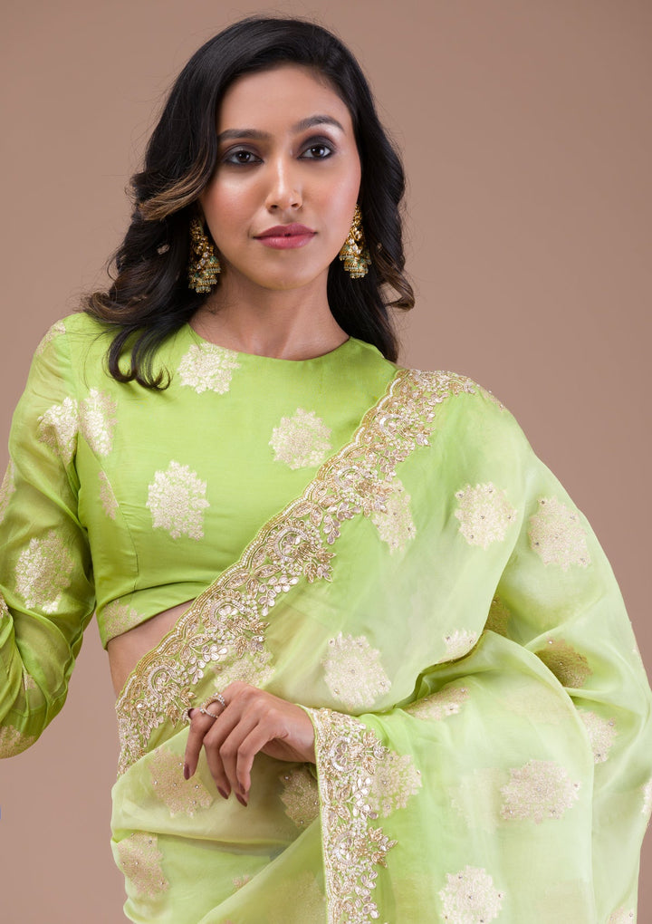 Pista Green Gotapatti Tissue Saree-Koskii