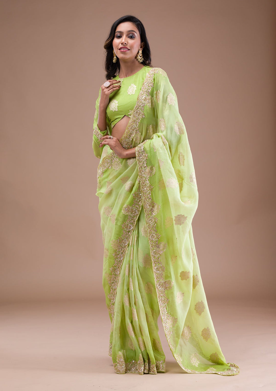 Pista Green Gotapatti Tissue Saree-Koskii