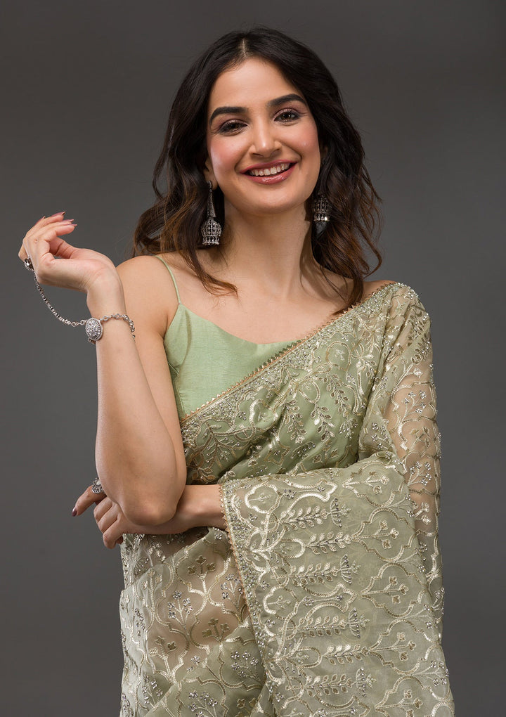 Pista Green Gotapatti Tissue Saree-Koskii