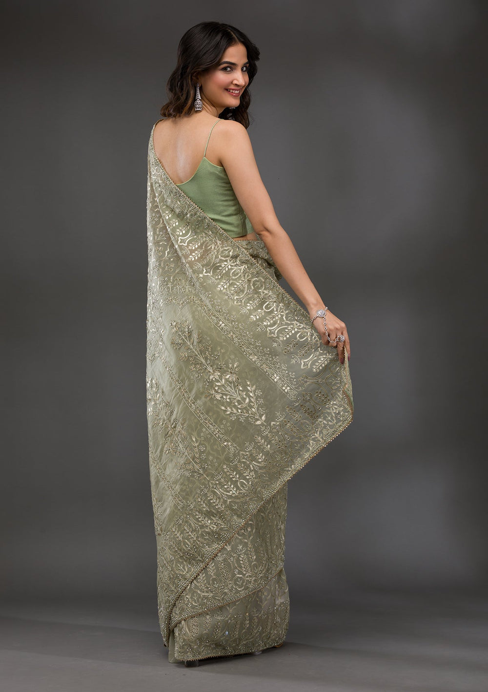 Pista Green Gotapatti Tissue Saree-Koskii