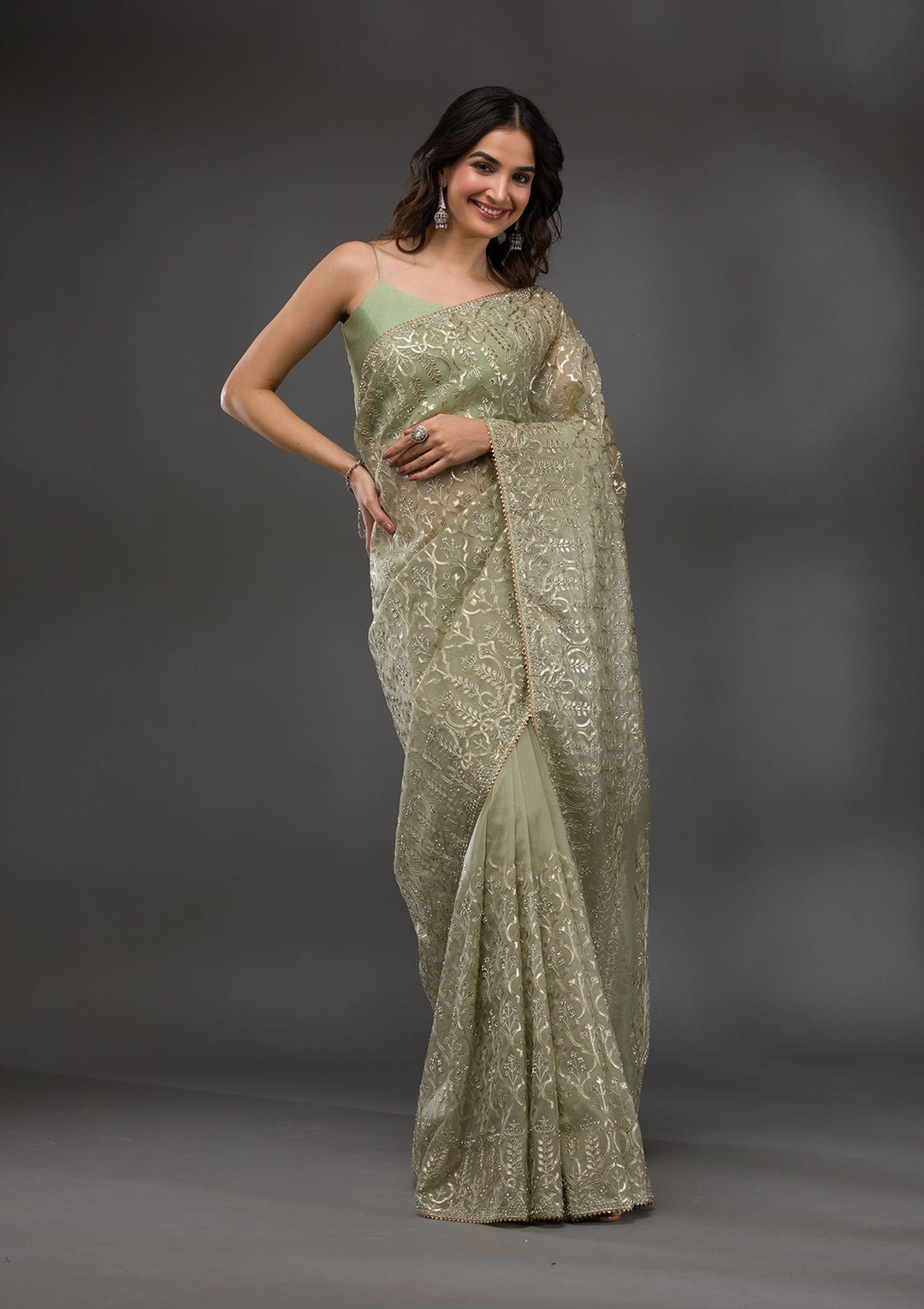 Pista Green Gotapatti Tissue Saree-Koskii
