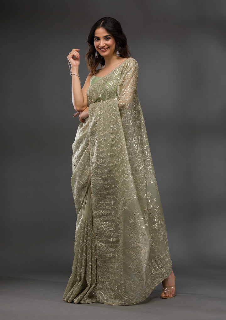 Pista Green Gotapatti Tissue Saree-Koskii
