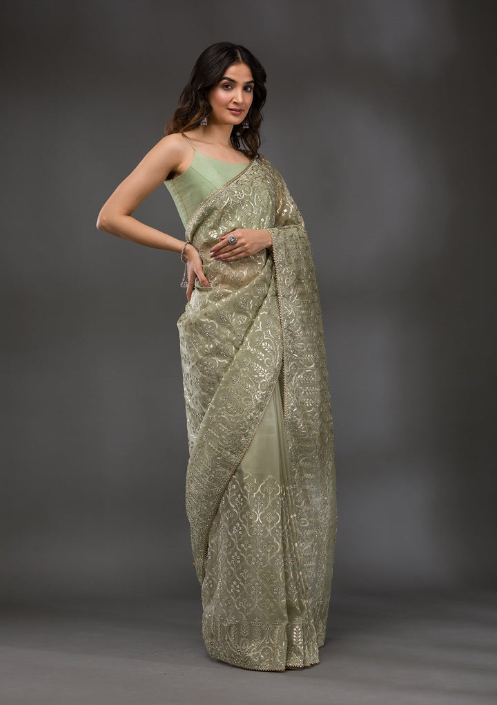 Pista Green Gotapatti Tissue Saree-Koskii