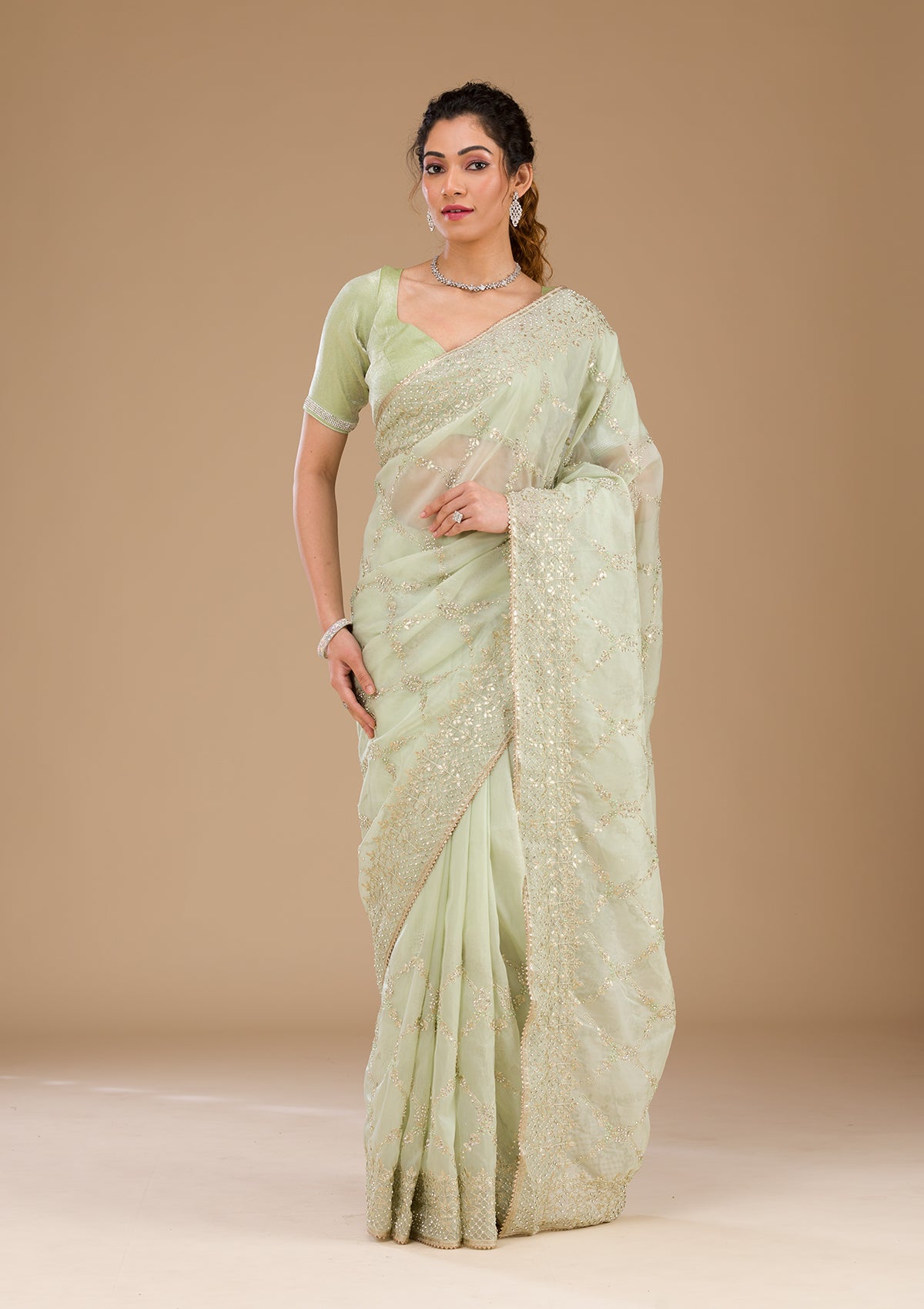 Pista Green Gotapatti Tissue Saree
