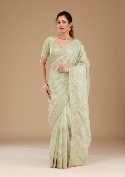 Pista Green Gotapatti Tissue Saree
