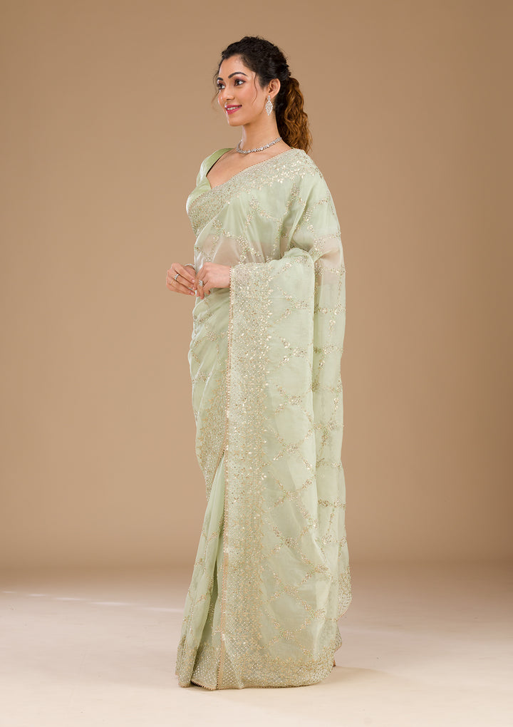 Pista Green Gotapatti Tissue Saree