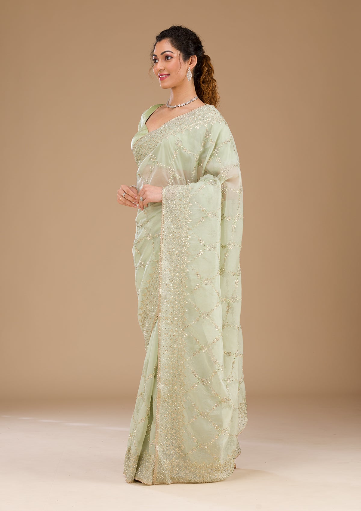 Pista Green Gotapatti Tissue Saree