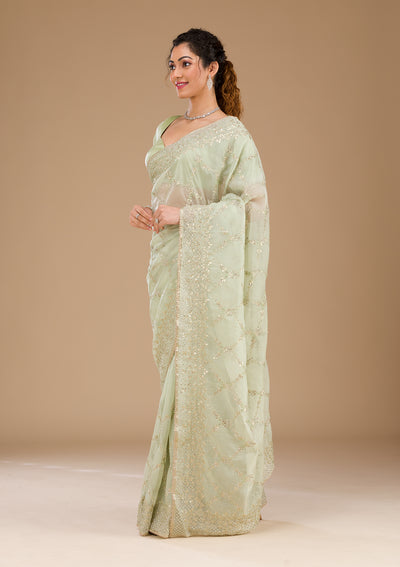 Pista Green Gotapatti Tissue Saree