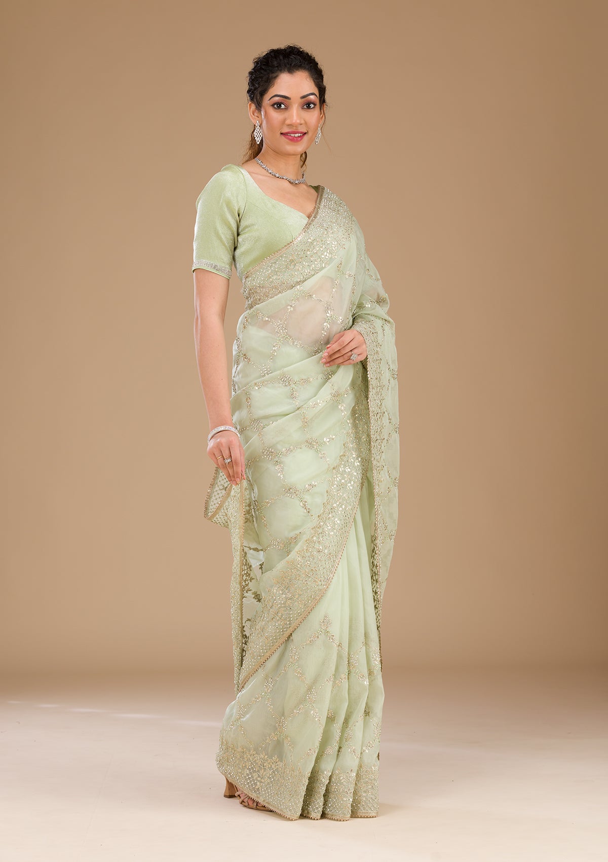 Pista Green Gotapatti Tissue Saree