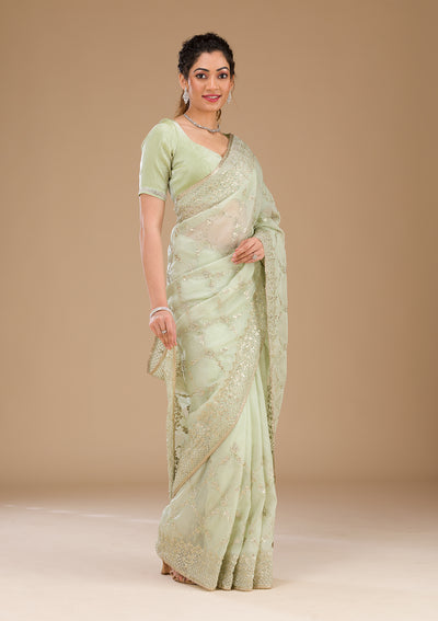 Pista Green Gotapatti Tissue Saree