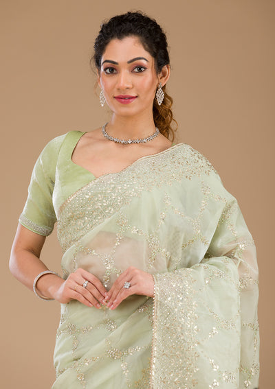 Pista Green Gotapatti Tissue Saree