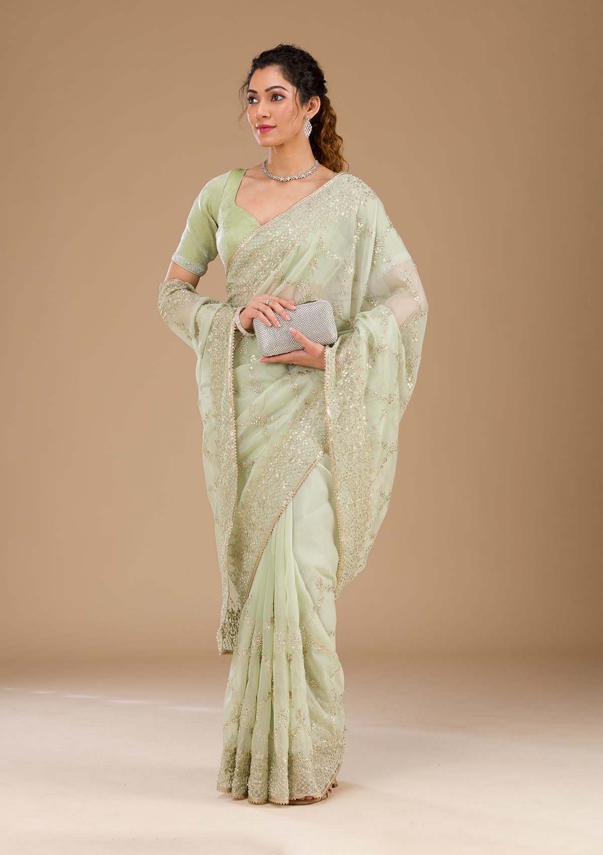 Pista Green Gotapatti Tissue Saree