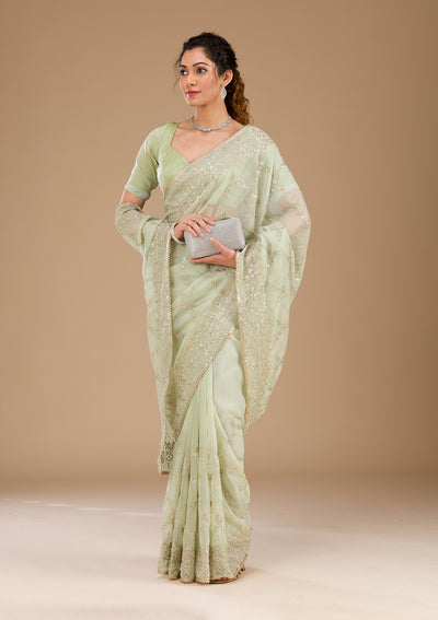 Pista Green Gotapatti Tissue Saree