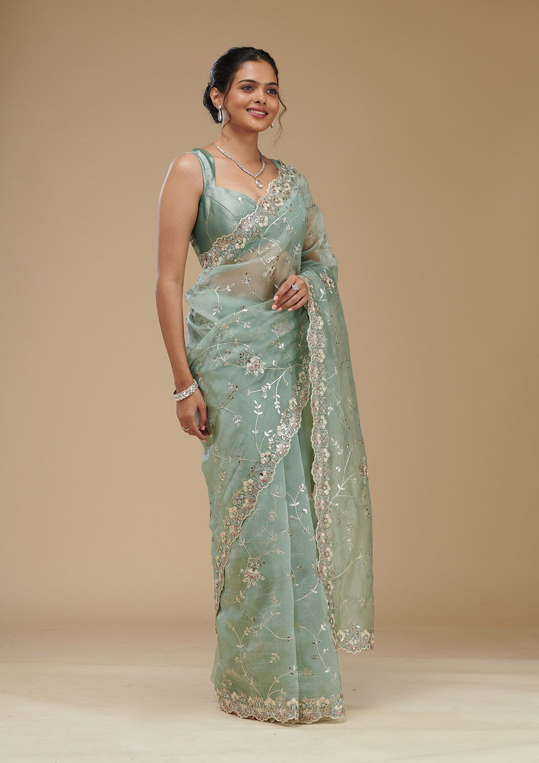 Pista Green Gotapatti Tissue Saree-Koskii