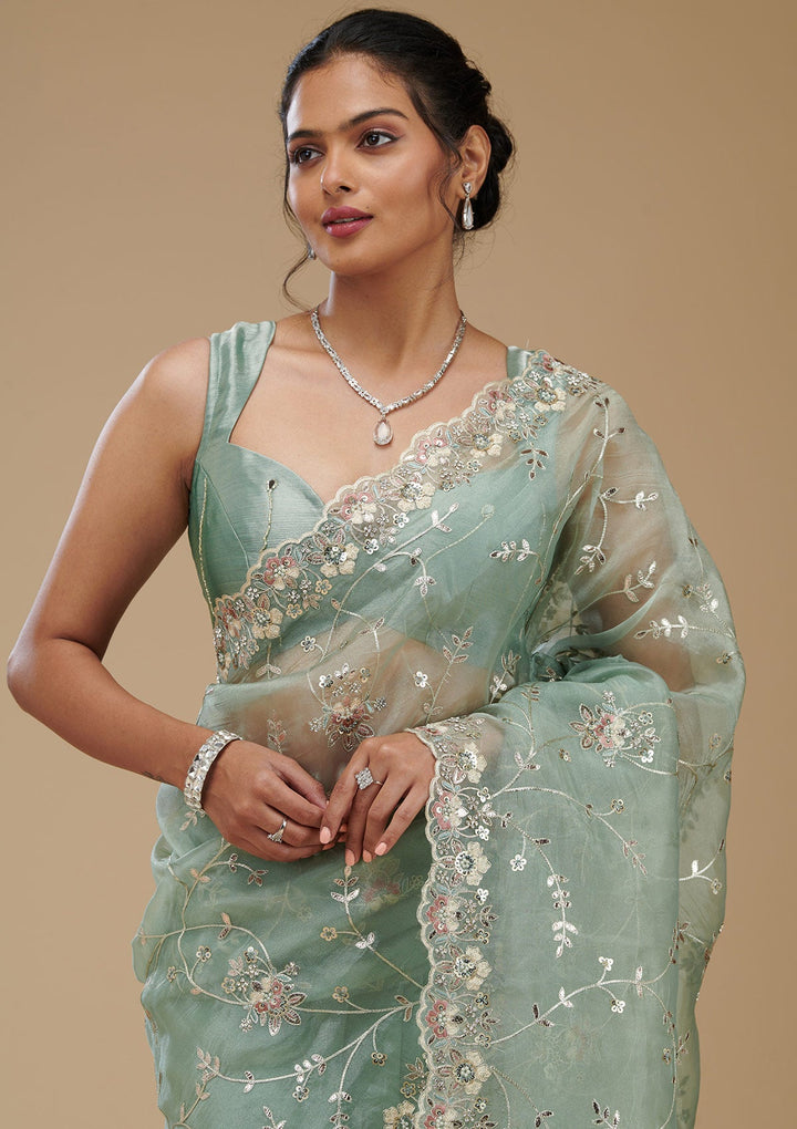 Pista Green Gotapatti Tissue Saree-Koskii