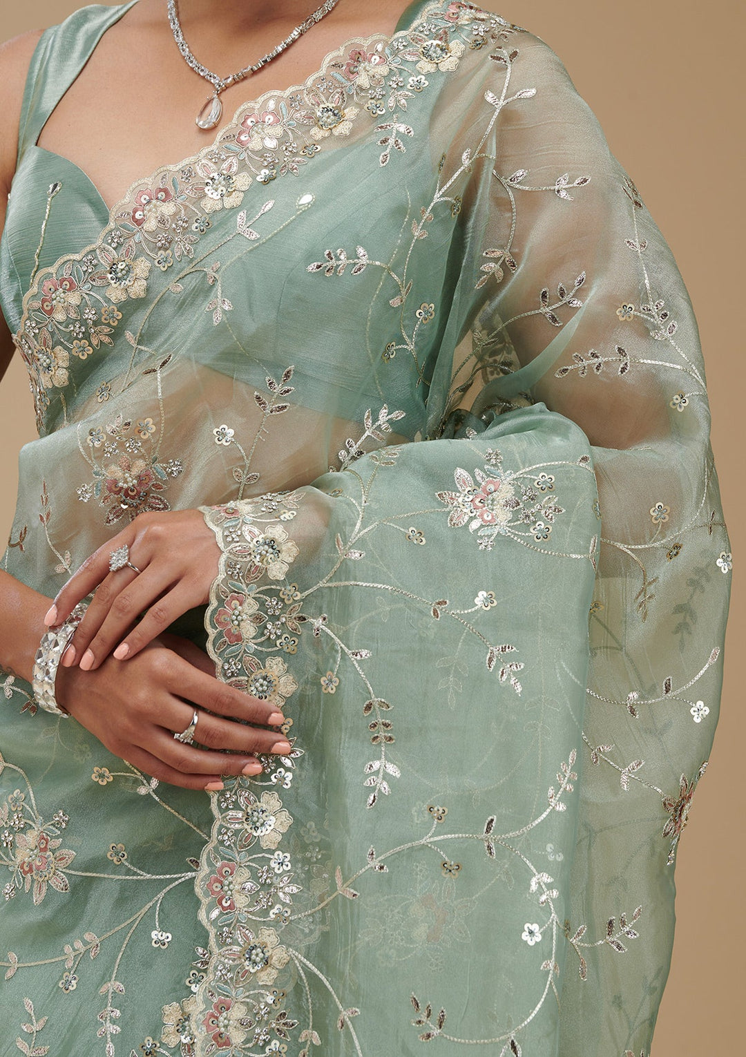 Pista Green Gotapatti Tissue Saree-Koskii