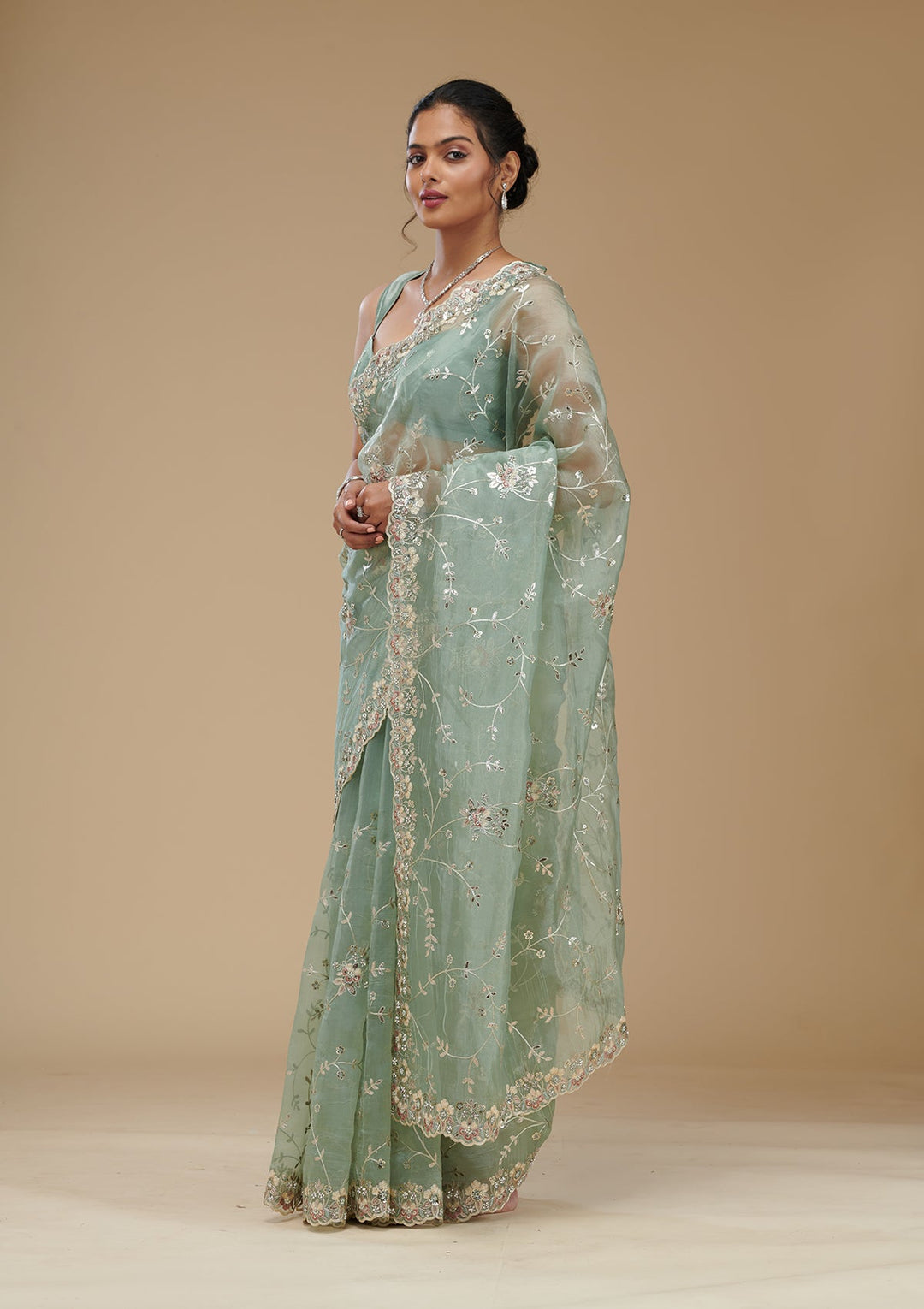 Pista Green Gotapatti Tissue Saree-Koskii