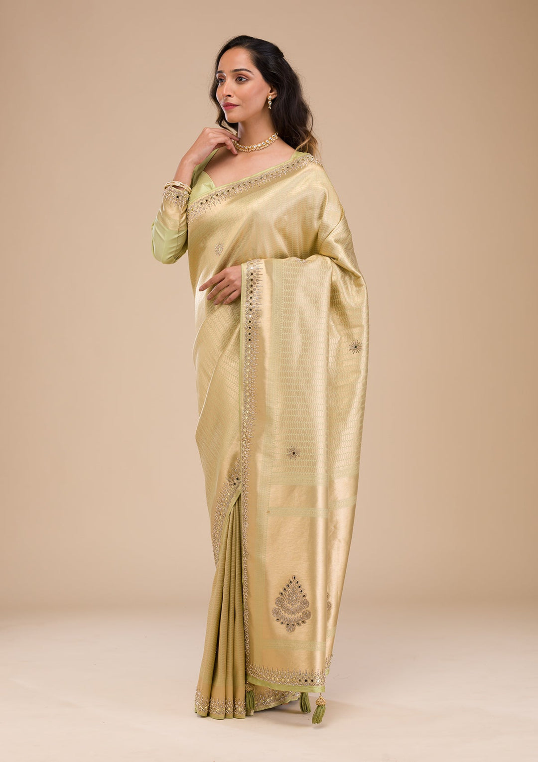 Pista Green Mirrorwork Soft Silk Saree-Koskii