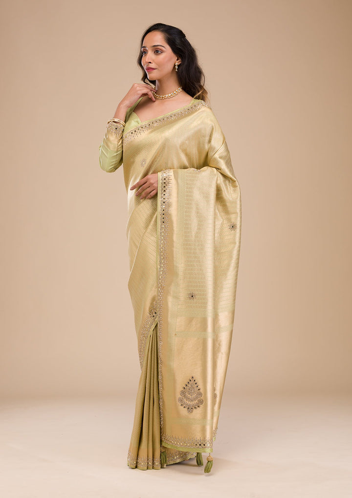 Pista Green Mirrorwork Soft Silk Saree-Koskii