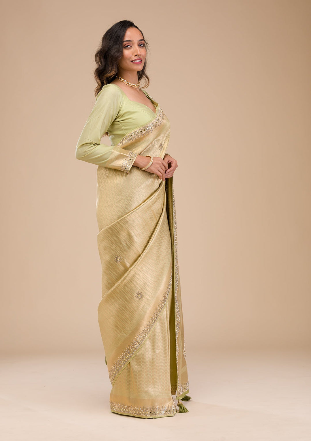 Pista Green Mirrorwork Soft Silk Saree-Koskii