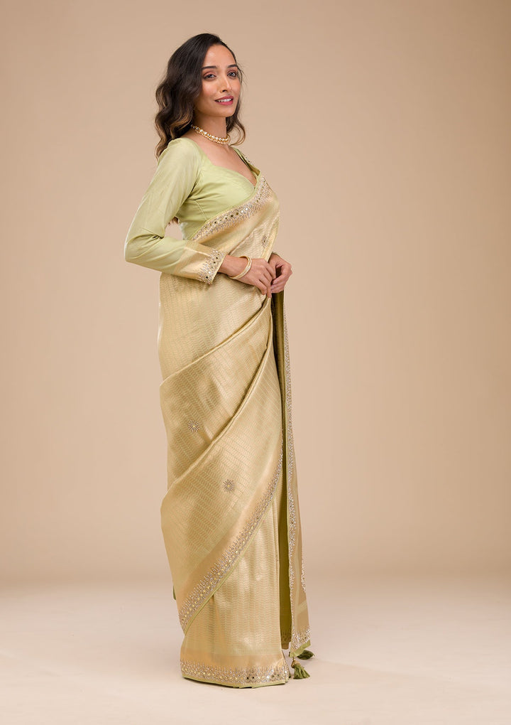 Pista Green Mirrorwork Soft Silk Saree-Koskii