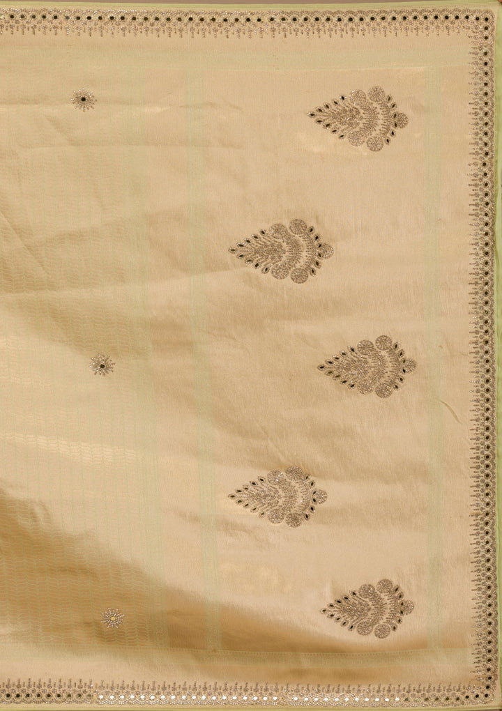 Pista Green Mirrorwork Soft Silk Saree-Koskii