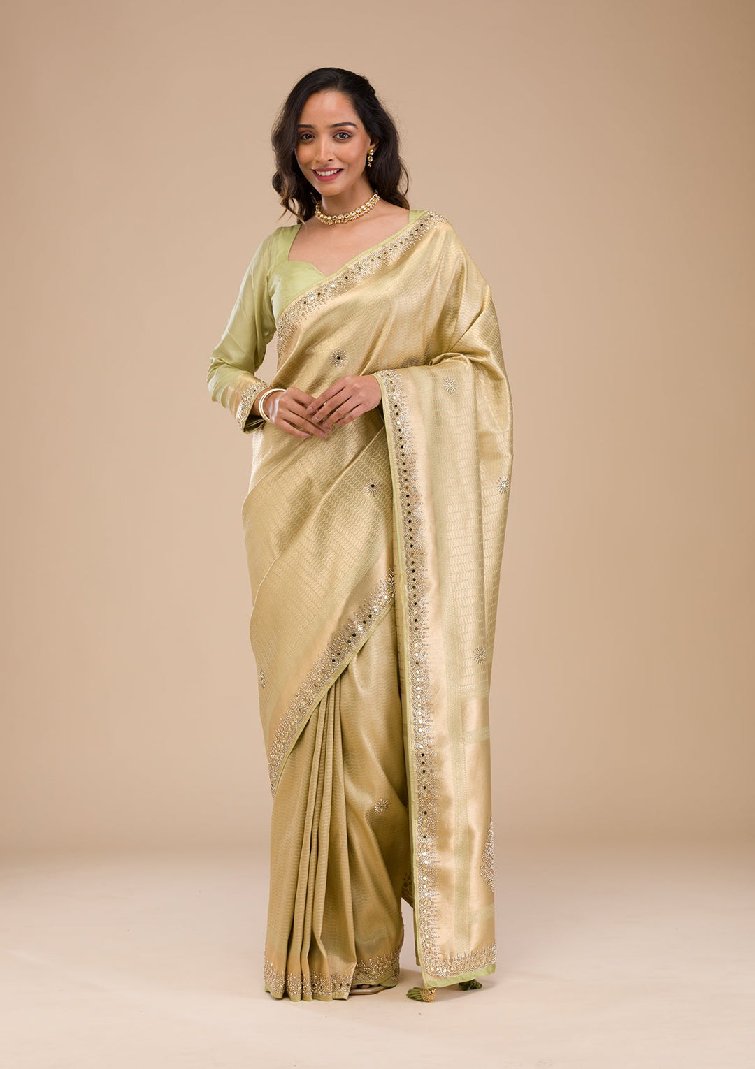 Pista Green Mirrorwork Soft Silk Saree-Koskii