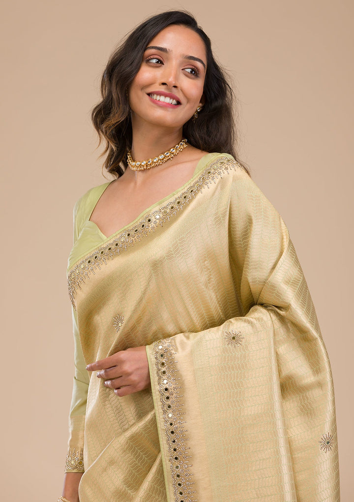 Pista Green Mirrorwork Soft Silk Saree-Koskii