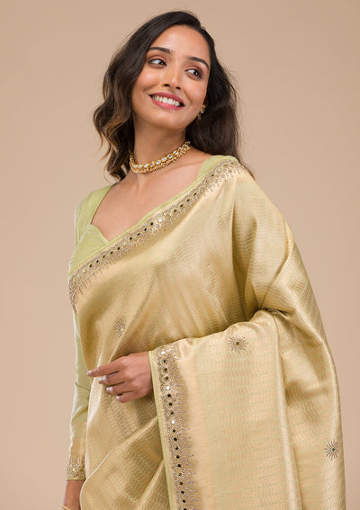 Pista Green Mirrorwork Soft Silk Saree-Koskii