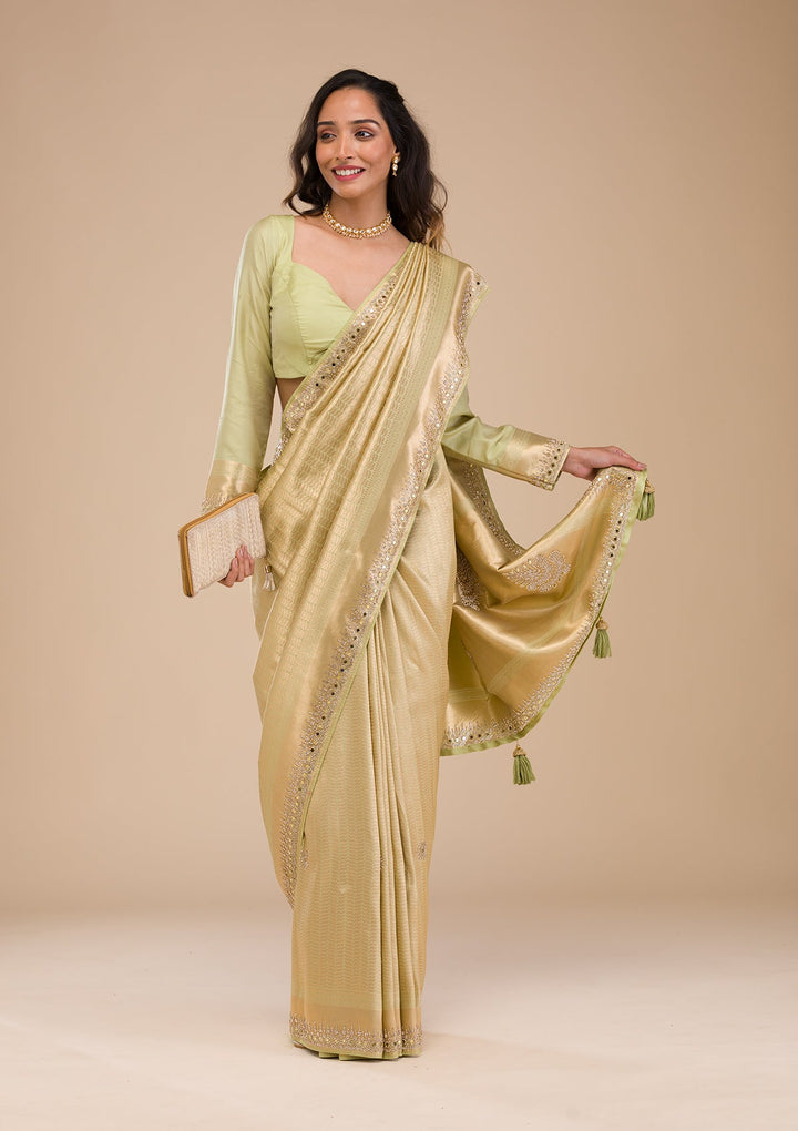 Pista Green Mirrorwork Soft Silk Saree-Koskii