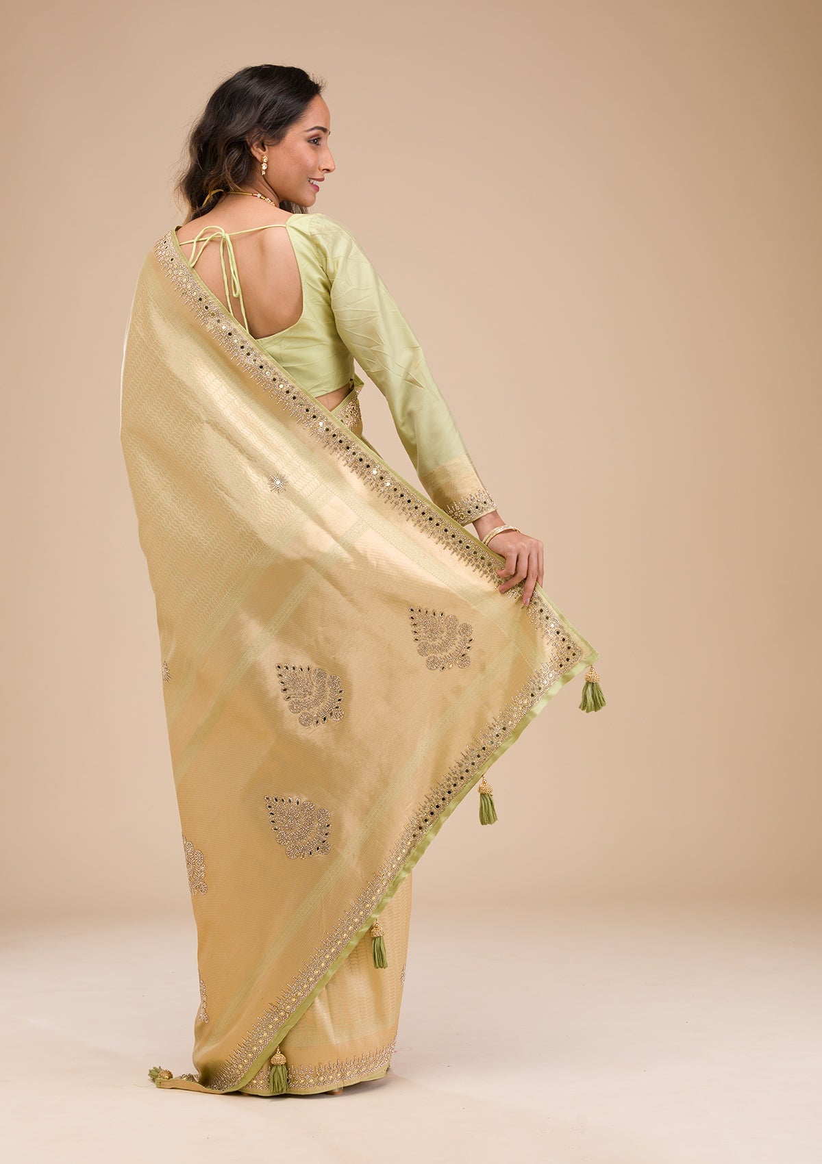 Pista Green Mirrorwork Soft Silk Saree-Koskii