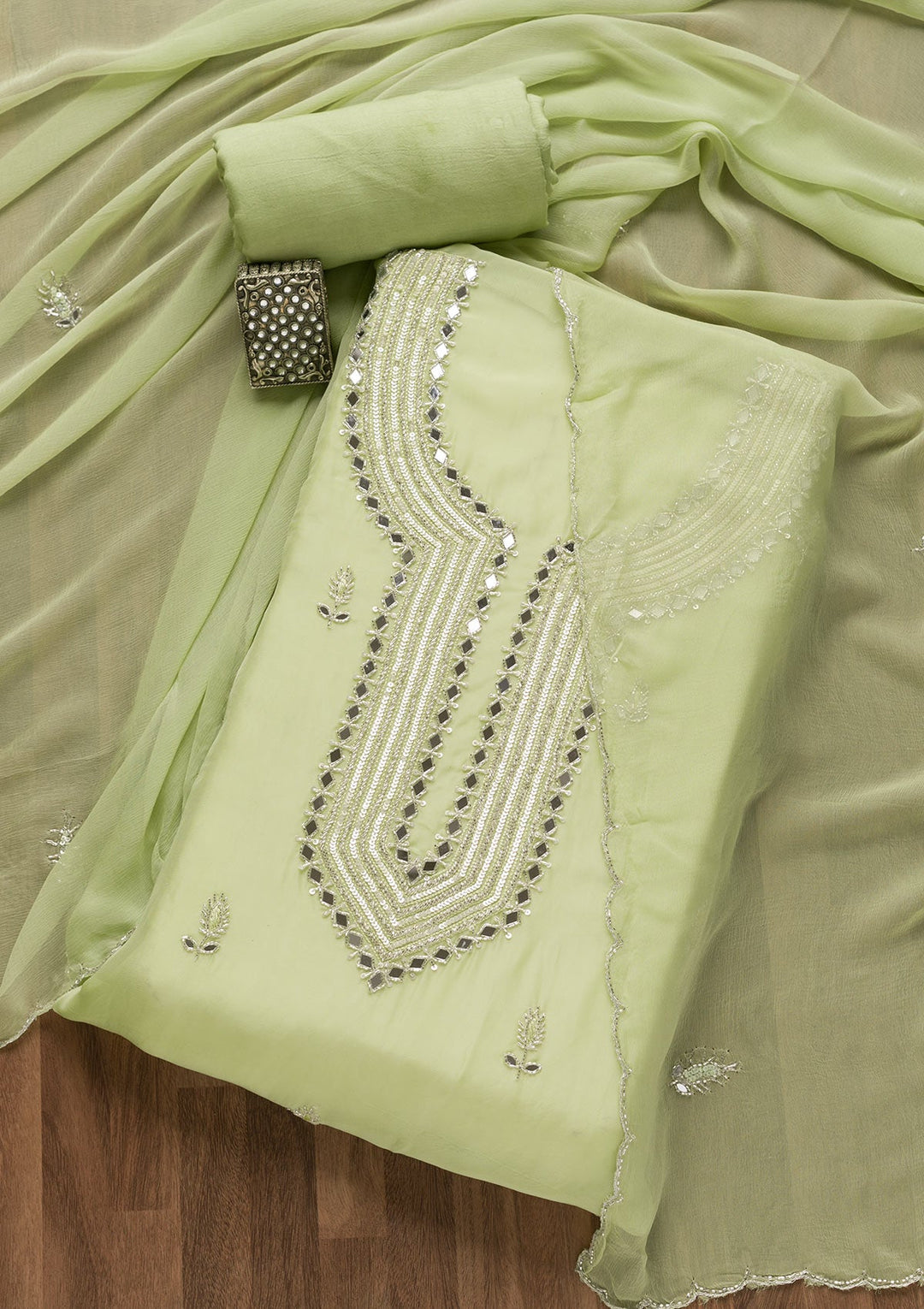 Pista Green Mirrorwork Tissue Unstitched Salwar Suit-Koskii