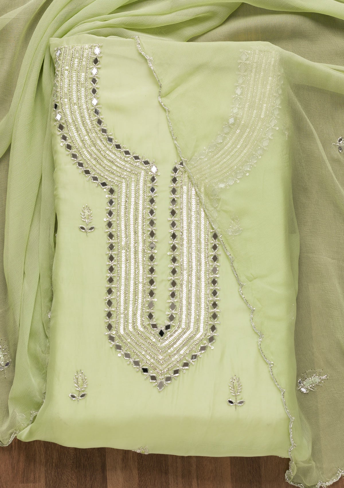 Pista Green Mirrorwork Tissue Unstitched Salwar Suit-Koskii