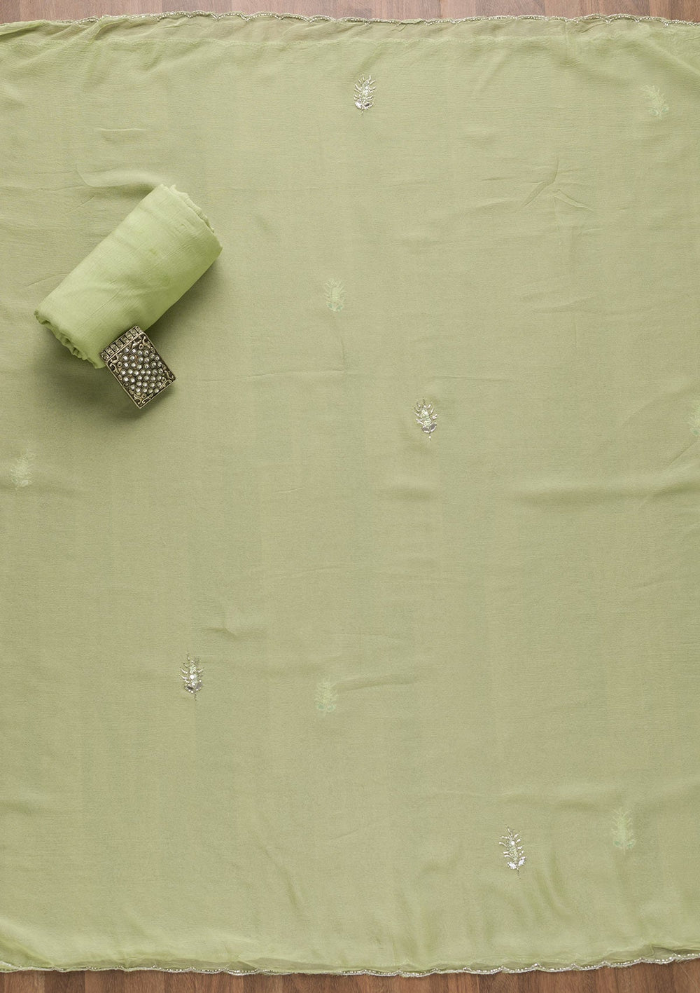 Pista Green Mirrorwork Tissue Unstitched Salwar Suit-Koskii