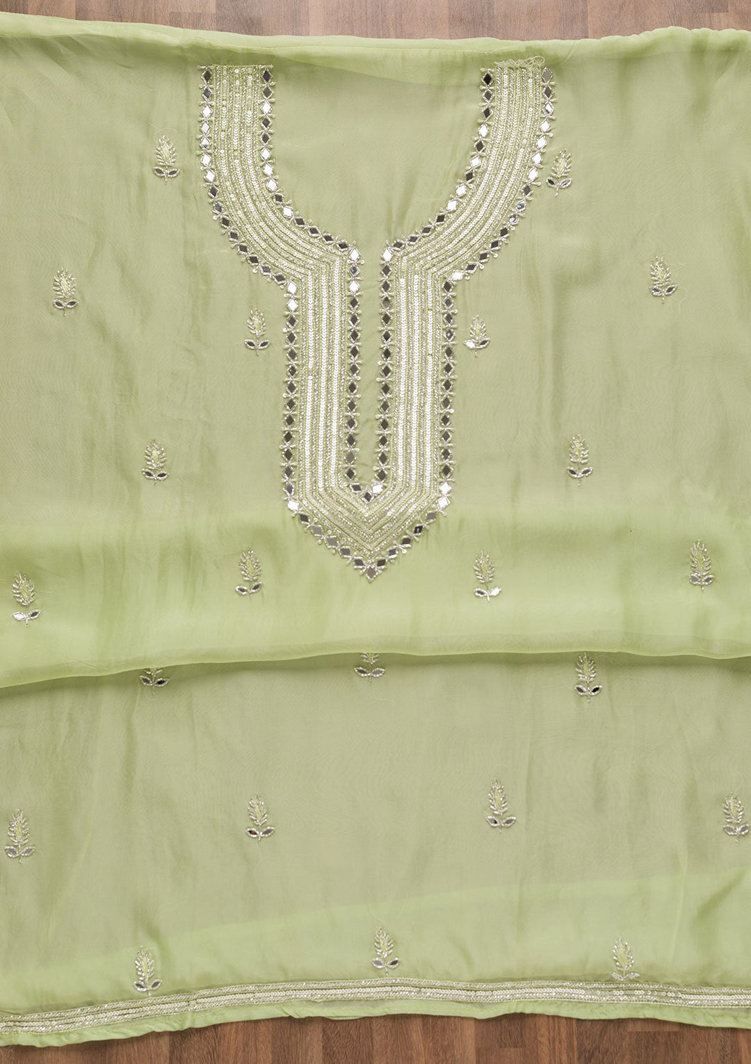 Pista Green Mirrorwork Tissue Unstitched Salwar Suit-Koskii