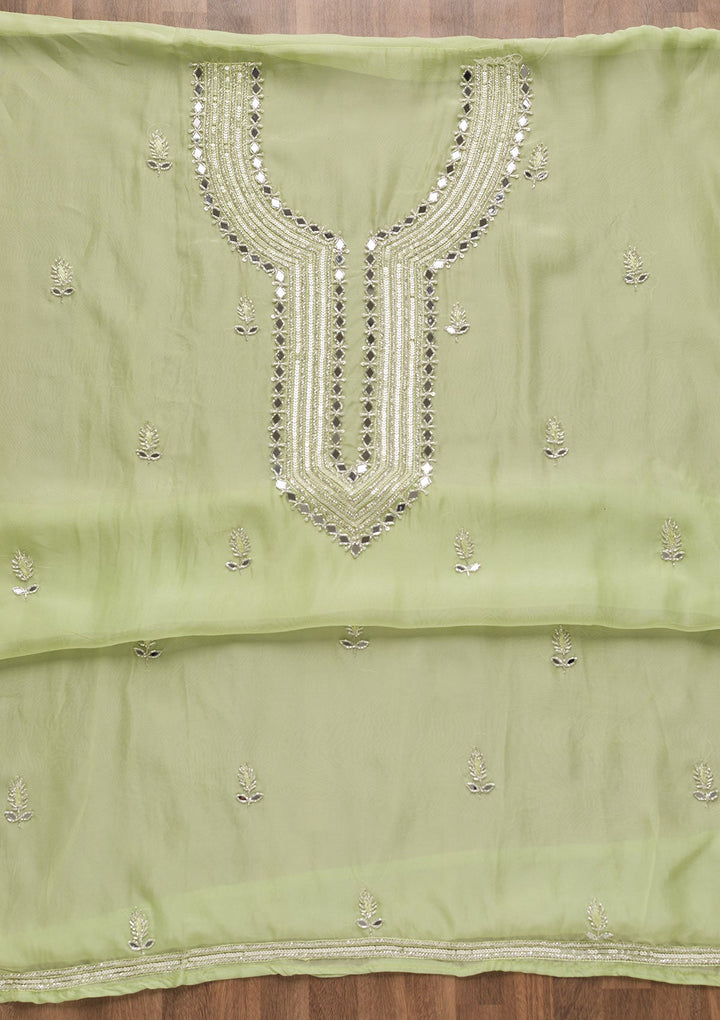 Pista Green Mirrorwork Tissue Unstitched Salwar Suit-Koskii