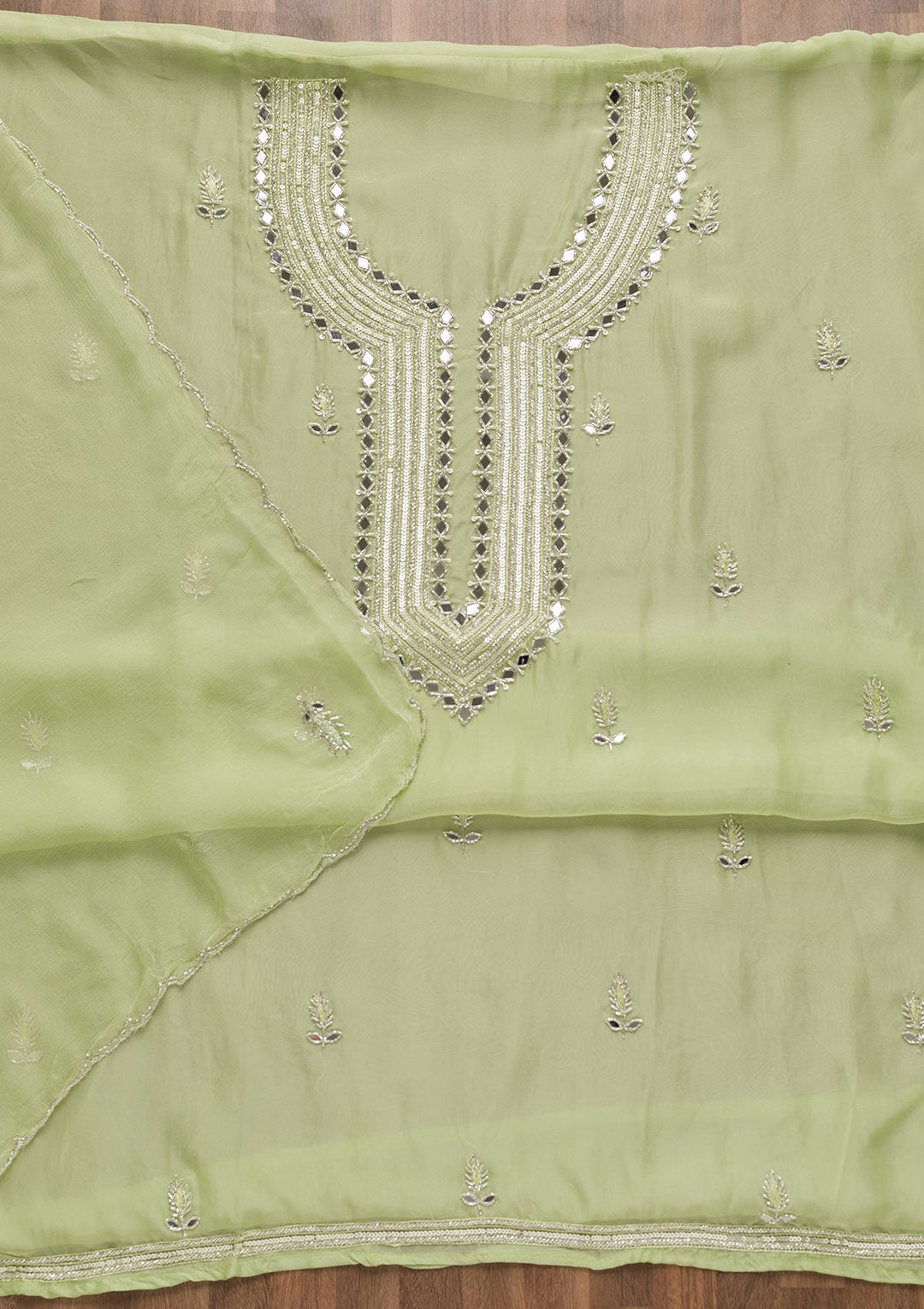 Pista Green Mirrorwork Tissue Unstitched Salwar Suit-Koskii