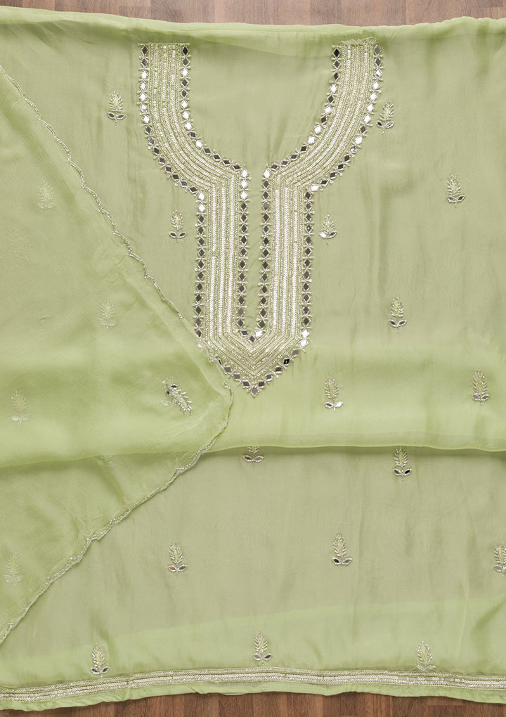 Pista Green Mirrorwork Tissue Unstitched Salwar Suit-Koskii