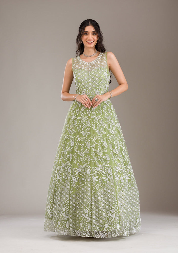 Pista Green Pearlwork Net Gown-Koskii