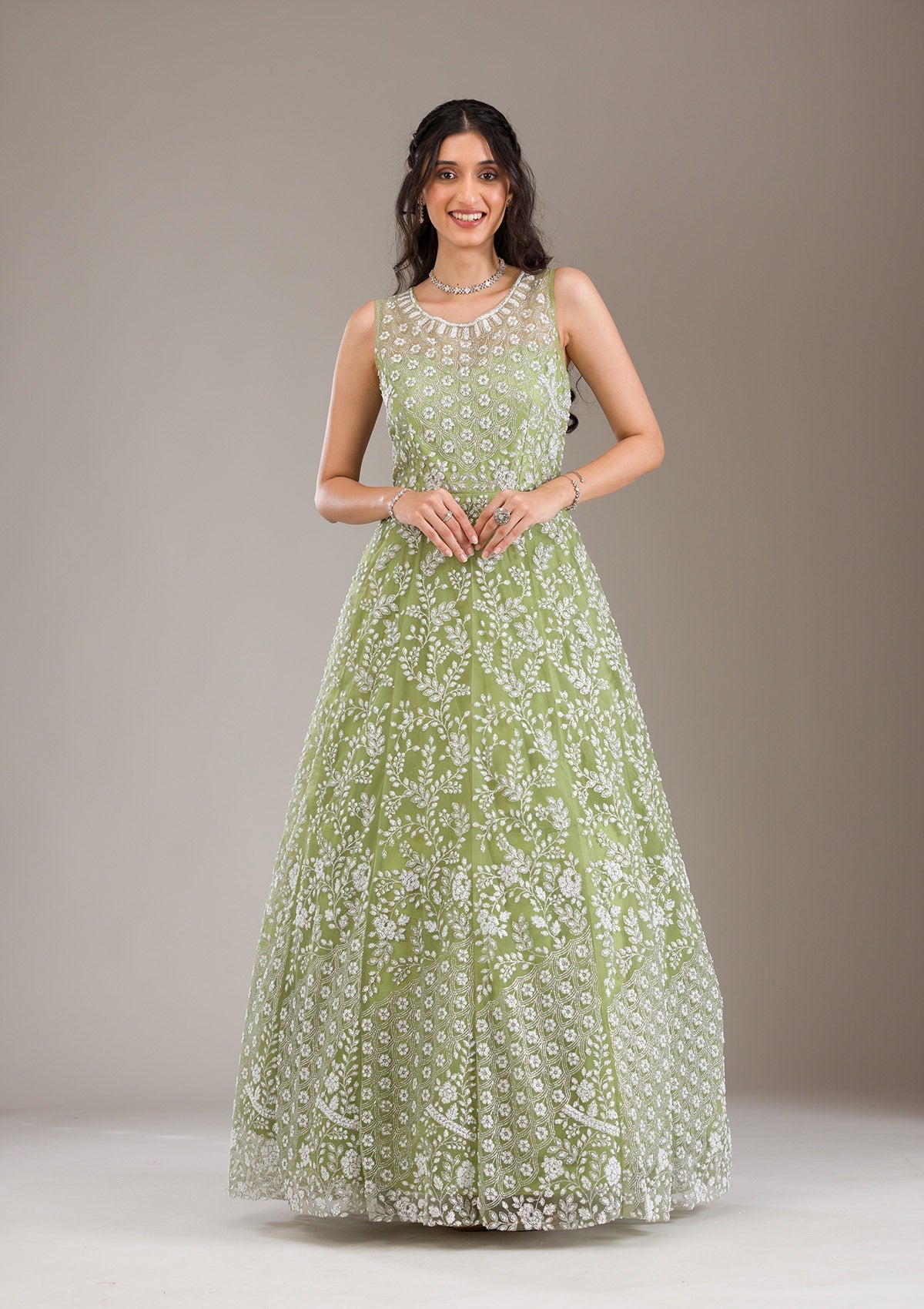 Pista Green Pearlwork Net Gown-Koskii