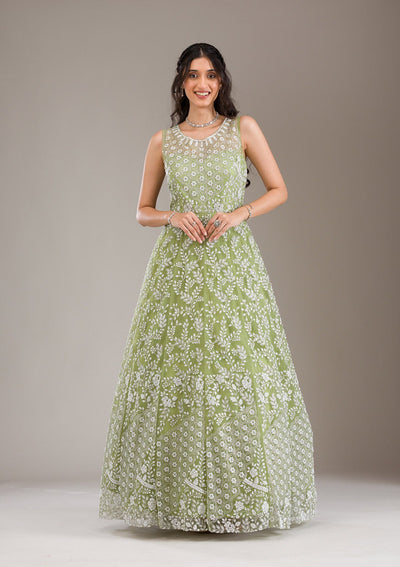 Pista Green Pearlwork Net Gown-Koskii