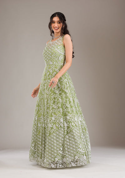 Pista Green Pearlwork Net Gown-Koskii
