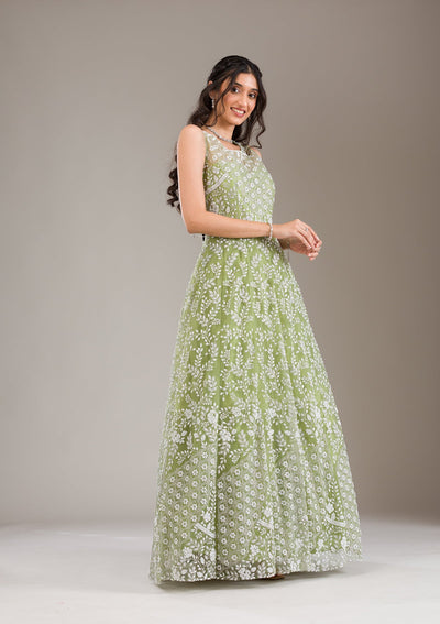 Pista Green Pearlwork Net Gown-Koskii