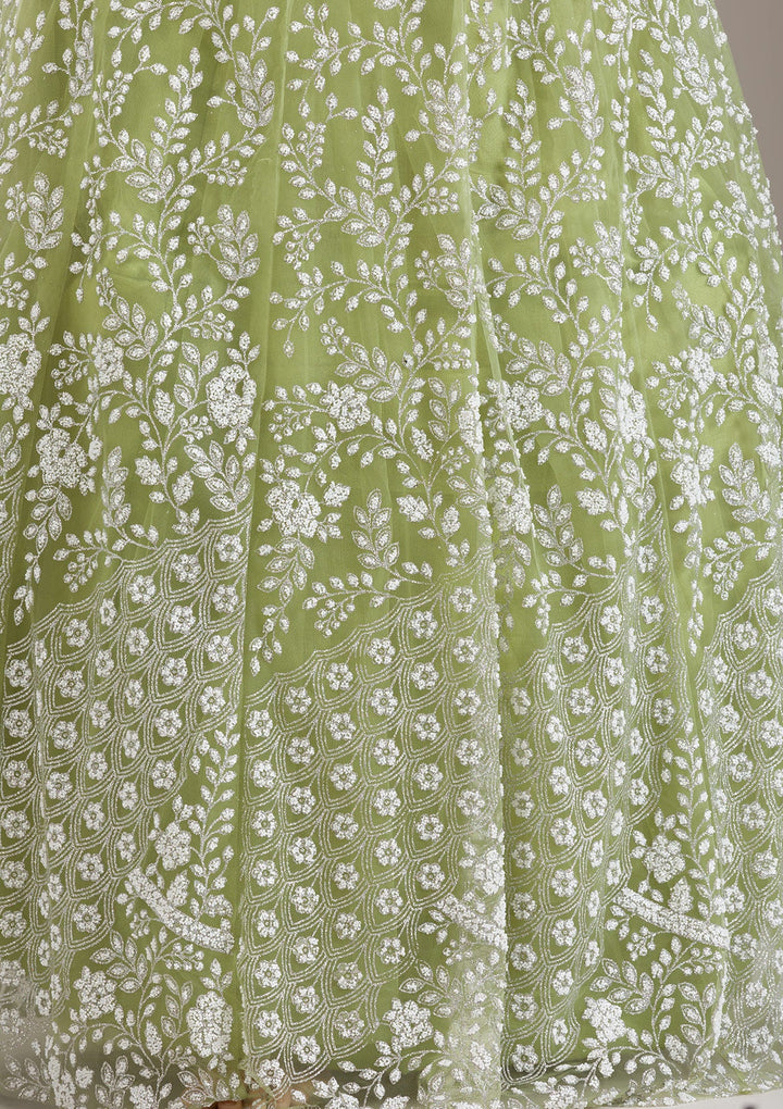 Pista Green Pearlwork Net Gown-Koskii