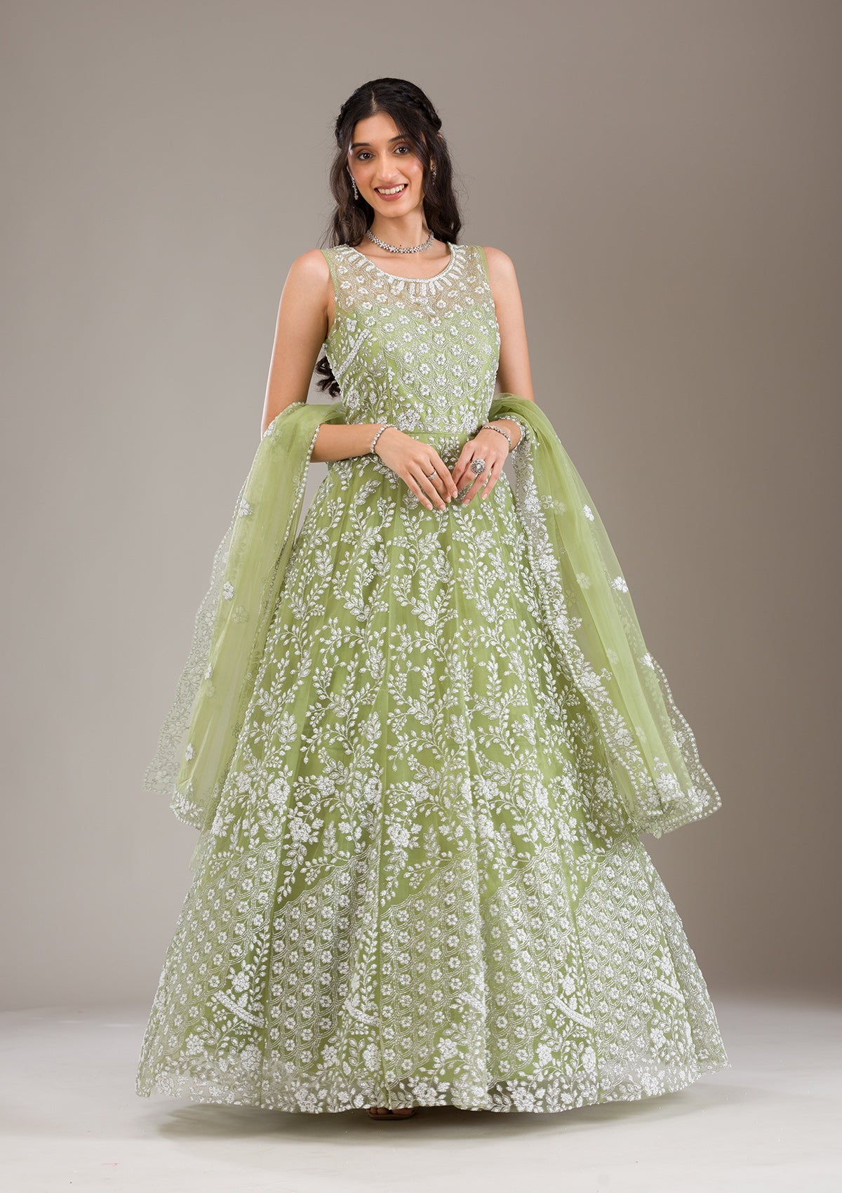 Pista Green Pearlwork Net Gown-Koskii