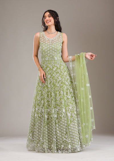 Pista Green Pearlwork Net Gown-Koskii