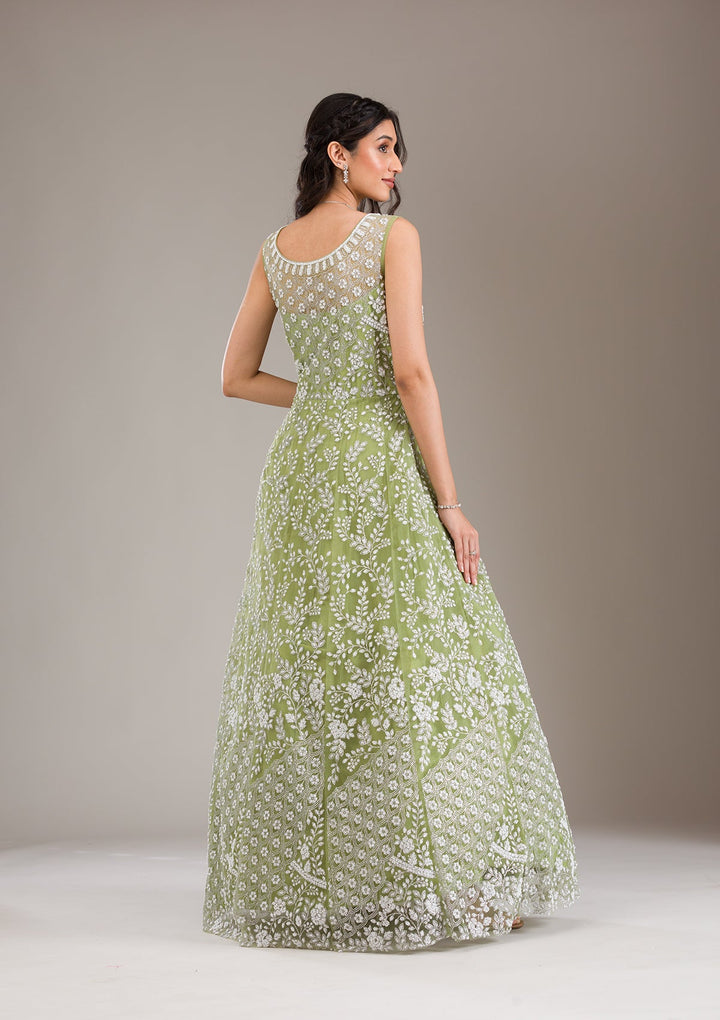 Pista Green Pearlwork Net Gown-Koskii